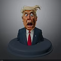 Exaggerated Cartoon Trump Head In Blue Suit With Red Tie On Blue Base