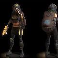 Character And Creature Design Displaying Three Angles With Backpack Weapon And Costume Details 3d model