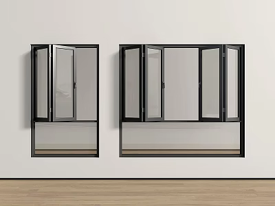 Black Folding Windows With Glass Panels On White Wall And Wooden Floor 3d model