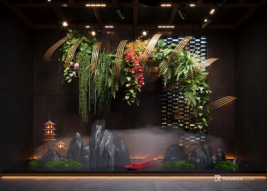 Indoor Landscape Design With Hanging Greenery Decorative Stones And Ambient Lighting Fixtures 3d model 