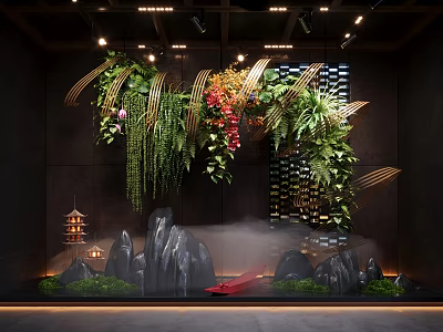 Indoor Landscape Design With Hanging Greenery Decorative Stones And Ambient Lighting Fixtures 3d model