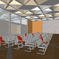 Spacious Conference Room Interior With Arranged White Red Chairs And Geometric Ceiling Lights