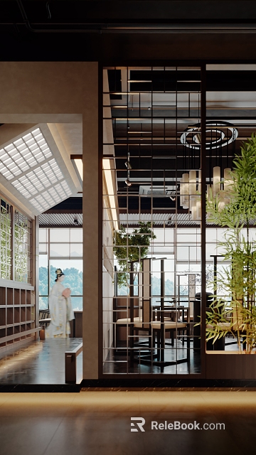 Modern Chinese Restaurant With Open Space Large Windows Green Plants And Hanging Lamps 3d model 