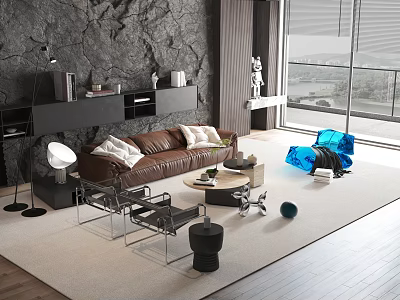 Modern Living Room With Brown Leather Sofa White Cushions And Glass Coffee Table Green Plant 3d model