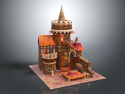 Cartoon Castle Scene with Stone Towers Red Spires Red Roofs Stone Stairs and Wooden Table 3d model