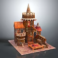 Cartoon Castle Scene with Stone Towers Red Spires Red Roofs Stone Stairs and Wooden Table