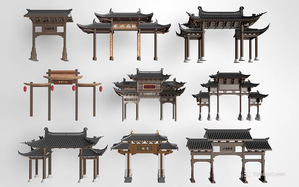 Traditional Chinese Archway Architectural Designs With Various Roof Styles And Wooden Columns 3d model 