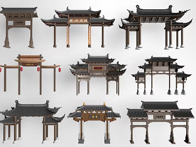 Traditional Chinese Archway Architectural Designs With Various Roof Styles And Wooden Columns 3d model