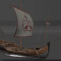 Wooden Ship Model With White Sail Red Design Mast And Ropes Details