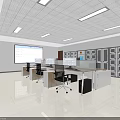 Modern Public Office Space With Work Desks Computers Lockers Large Screen And Ceiling Lights 3d model