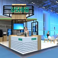 USHIO Modern Exhibition Booth With Wooden Metal Structure Reception Desk TV Screens Tables And Chairs