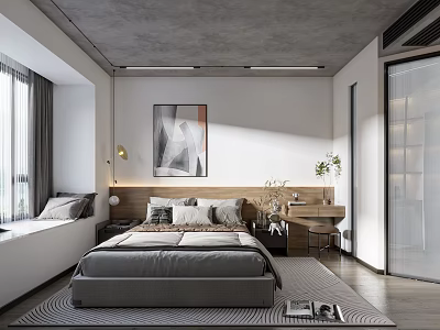 Modern Bedroom Interior Design With Large Bed Wall Art Window Rug Desk And Plant 3d model