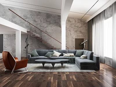 Modern Gray Sectional Sofa With Pillows Black Coffee Table Brown Armchair In Living Room 3d model