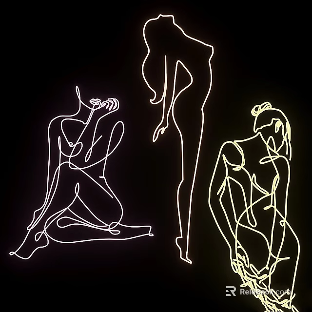 Three Female Silhouettes in Continuous Line Art on Black Background Minimalist Design 3d model 