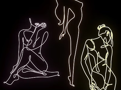 Three Female Silhouettes in Continuous Line Art on Black Background Minimalist Design 3d model