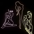 Three Female Silhouettes in Continuous Line Art on Black Background Minimalist Design