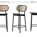 Modern Bar Stools With Rattan Backrest And Black Metal Frame Design Set