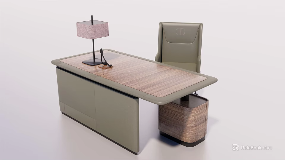 Modern Office Desk With Wooden Tabletop Gray Chair And Table Lamp 3d model 