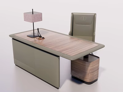 Modern Office Desk With Wooden Tabletop Gray Chair And Table Lamp 3d model