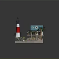 Cartoon Scene With Red White Lighthouse Blue Roof House Palm Trees Small Boat And Floating Balls