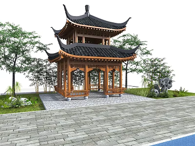 Traditional Chinese Pavilion With Curved Eaves Black Tiles Wooden Frame And Trees Stone Pavement 3d model