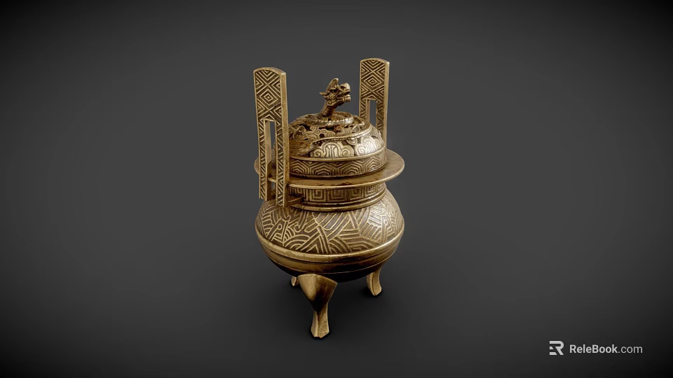 Traditional Brass Decorative Ornament Set with Carved Patterns Three Legged Lid and Side Decorations 3d model 