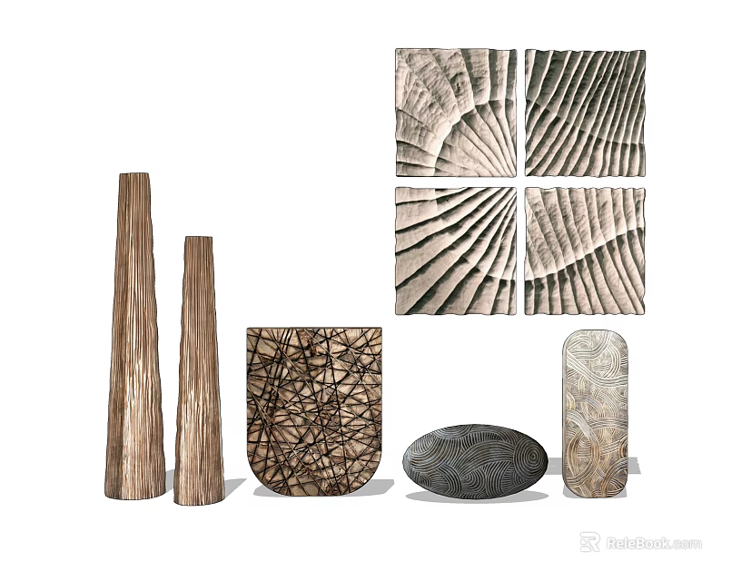 Modern Natural Decorative Ornament Set With Tall Columnar Intricate Hollow And Textured Wall Art Panels 3d model 