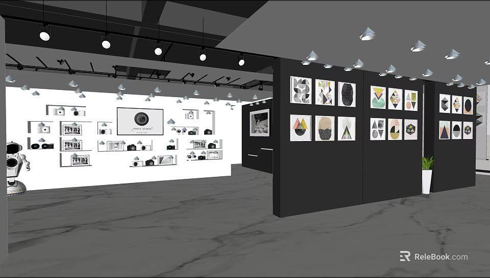 Art Exhibition Hall With Black And White Colorful Artworks On Walls And Pendant Lights 3d model 