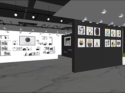 Art Exhibition Hall With Black And White Colorful Artworks On Walls And Pendant Lights 3d model