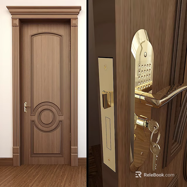 Wooden Swing Door With Decorative Circular Patterns And Gold Keypad Lock For Elegant Entry Design 3d model 