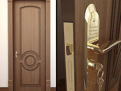 Wooden Swing Door With Decorative Circular Patterns And Gold Keypad Lock For Elegant Entry Design 3d model