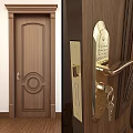 Wooden Swing Door With Decorative Circular Patterns And Gold Keypad Lock For Elegant Entry Design