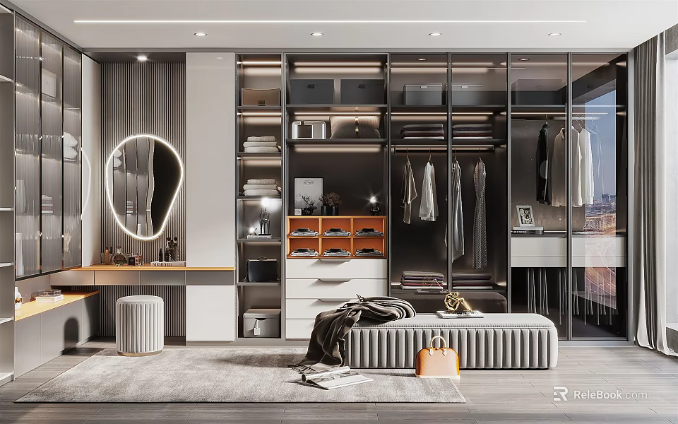 Modern Walk in Closet Design With Hanging Racks Drawers Mirror And Ambient Lighting 3d model 