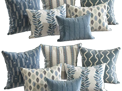 Various Blue And White Decorative Pillows Featuring Leaf And Geometric Patterns 3d model