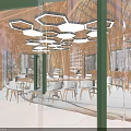 Modern Restaurant Interior With Wooden Ceiling Hexagonal Pendant Lights And Purple Light Strips