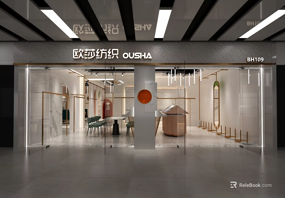 OUSHA Clothing Store Modern Glass Facade With Apparel Display And Decorative Elements 3d model 