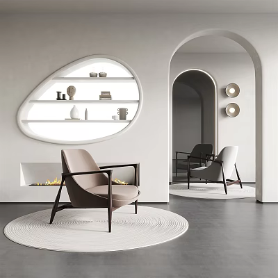 Light Brown Accent Chair With Black Armrests On White Rug By Fireplace In Modern Interior 3d model