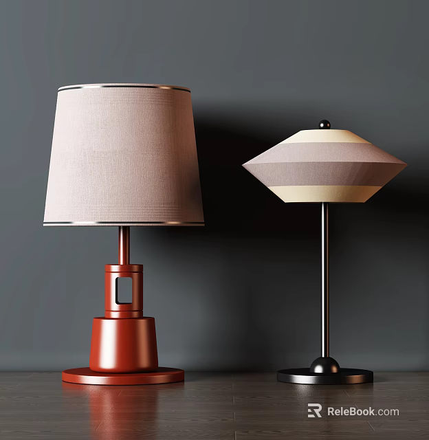 Two Stylish Table Lamps With Beige Fabric Shade Red Base And Geometric Design Black Base 3d model 