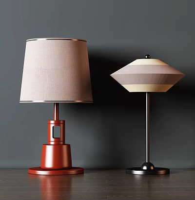 Two Stylish Table Lamps With Beige Fabric Shade Red Base And Geometric Design Black Base 3d model