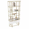 Modern Gold Frame Glass Shelves Display Unit With White Base Cabinet And Decorative Items