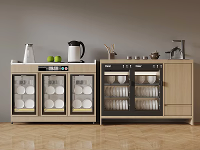 Modern Kitchen Glass Door Storage Cabinet With White Dishes Kettle Fruits And Cookware 3d model