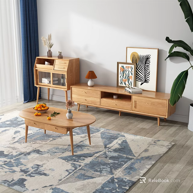 Natural Wood TV Stand In Modern Living Room With Coffee Table Oranges And Decorative Paintings 3d model 