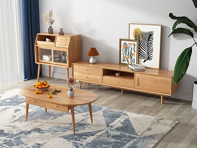 Natural Wood TV Stand In Modern Living Room With Coffee Table Oranges And Decorative Paintings 3d model