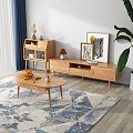 Natural Wood TV Stand In Modern Living Room With Coffee Table Oranges And Decorative Paintings