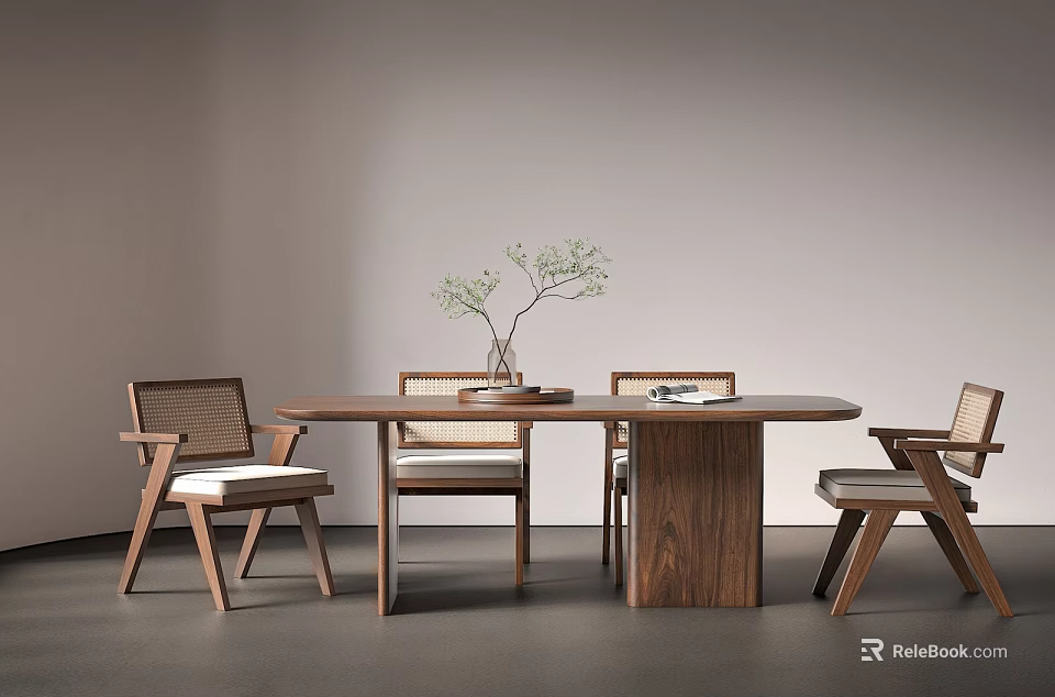 Modern Dining Table Set Featuring Oval Walnut Table Woven Backrest Chairs and Green Plant 3d model 