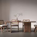 Modern Dining Table Set Featuring Oval Walnut Table Woven Backrest Chairs and Green Plant 3d model