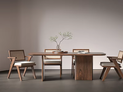 Modern Dining Table Set Featuring Oval Walnut Table Woven Backrest Chairs and Green Plant 3d model