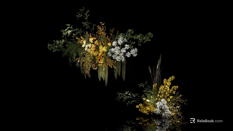 Elegant Floral Arrangement With Yellow White Blooms Green Foliage In Glass Vase 3d model 