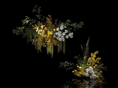 Elegant Floral Arrangement With Yellow White Blooms Green Foliage In Glass Vase 3d model