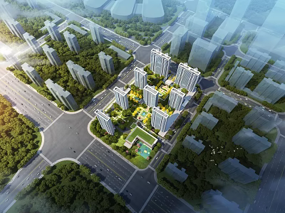 Aerial Planning of Modern Residential Area with High Rise Buildings Green Spaces and Roads 3d model